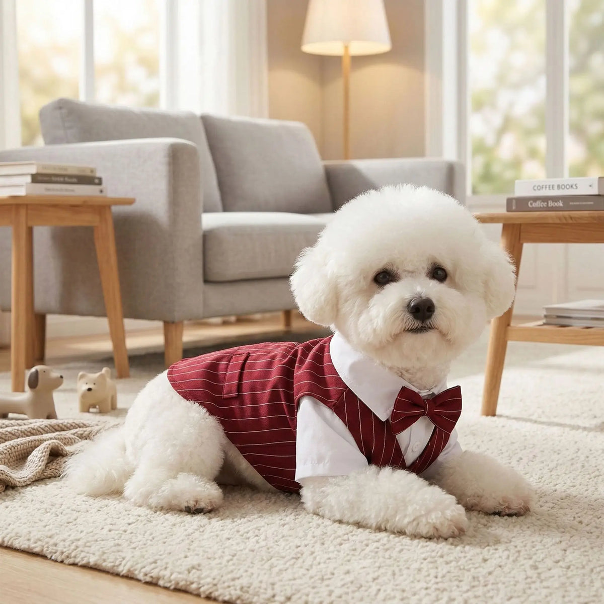 Pinstripe Dog Tuxedo-Style Outfit with Bow Tie