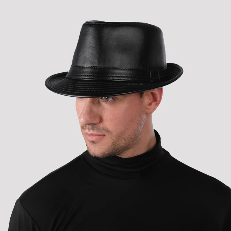 Black Leather Fedora with Matching Hatband