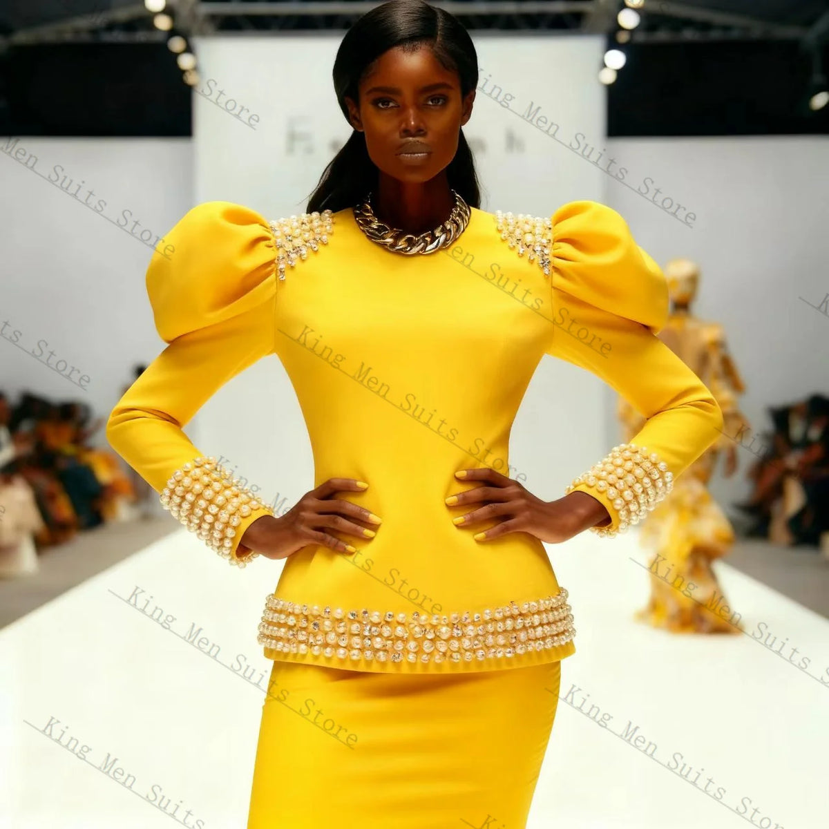 Embellished Puff-Shoulder Jacket & Skirt Set