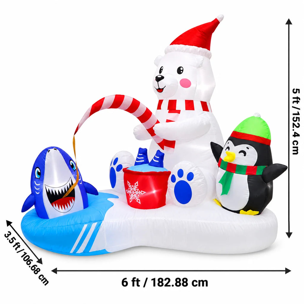 LED Christmas Inflatable Polar Bear Fishing Scene with Penguin & Shark