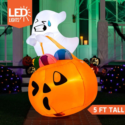 5-Foot LED Halloween Inflatable Ghost with Pumpkin Candy Bag
