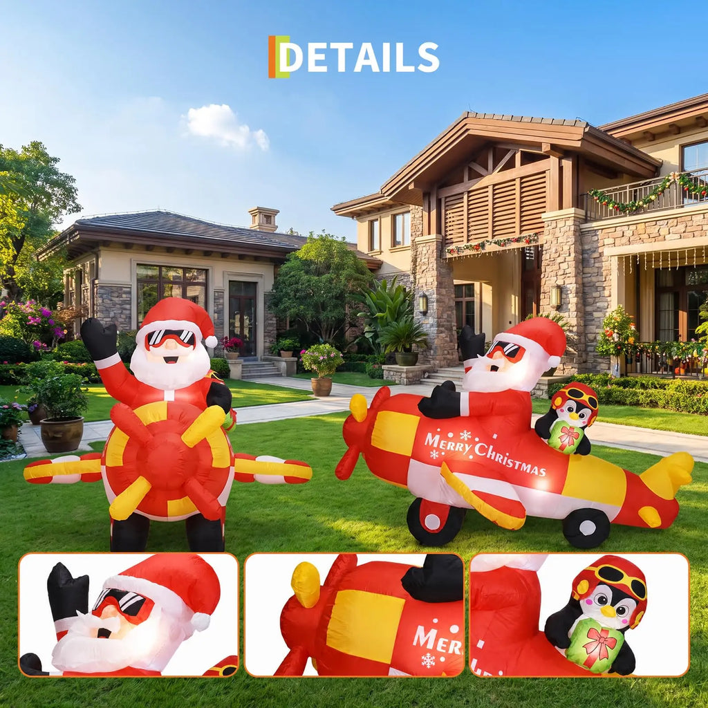 Christmas Inflatable Santa Driving Penguin Airplane 8ft Outdoor Decoration Festive Airblown Holiday Yard Decor for Lawn and Christmas Party Winter Festival Night Atmosphere Setup