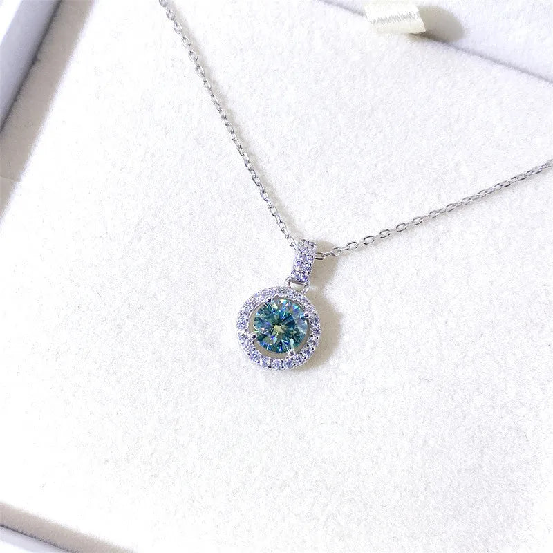 Blue Green Moissanite Pendant Necklace in 925 Sterling Silver