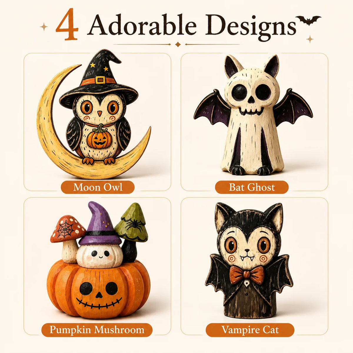 Wooden Halloween Tabletop Figures – Owl, Ghost, Pumpkin & Cat