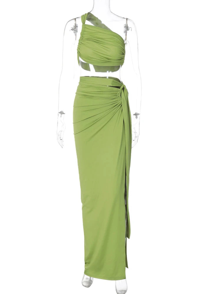 Beyprern Ruched Crop Top & High-Slit Maxi Skirt Set