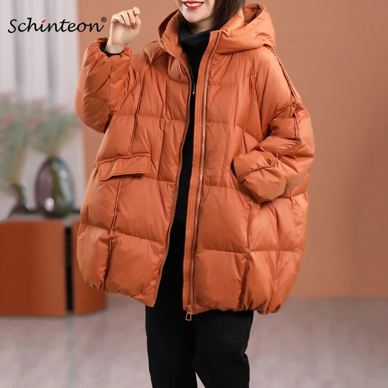 Hooded White Duck Down Puffer Jacket, Oversized Fit