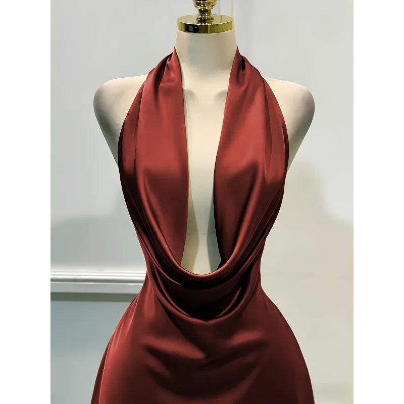 Satin Cowl-Neck Halter Mini Dress with Open Back