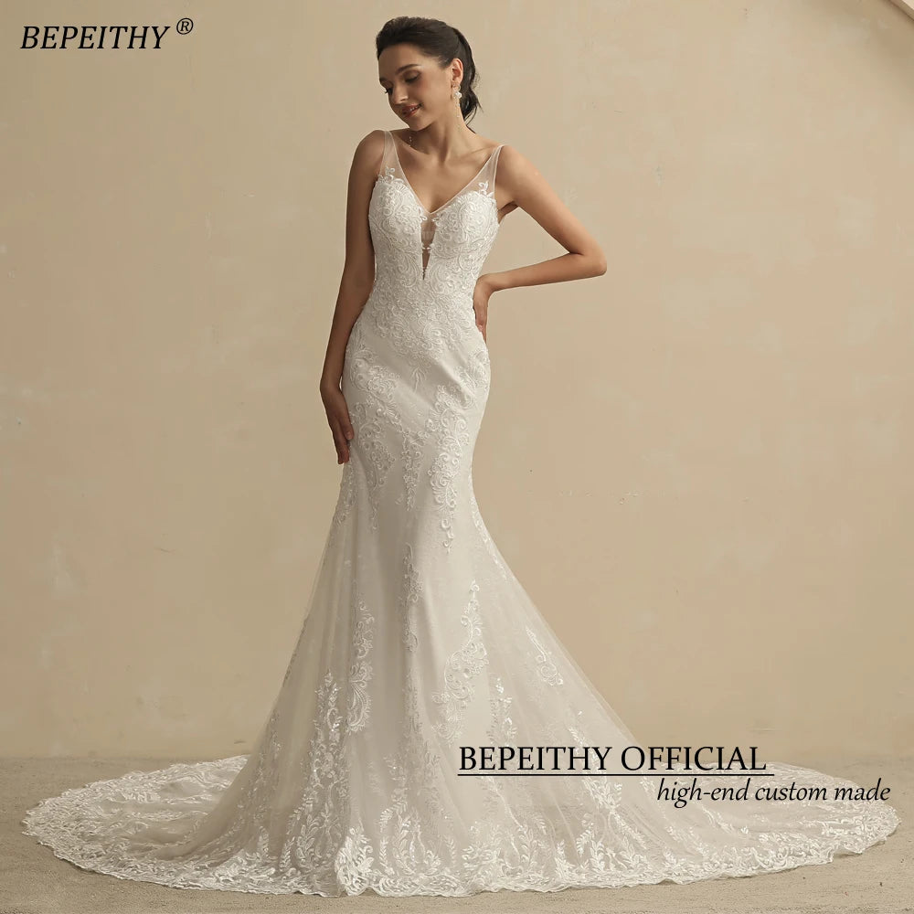 Ivory V-Neck Lace Mermaid Wedding Gown with Court Train