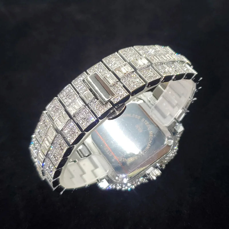 Men's Iced-Out Square Quartz Watch with Colorful Roman Numerals