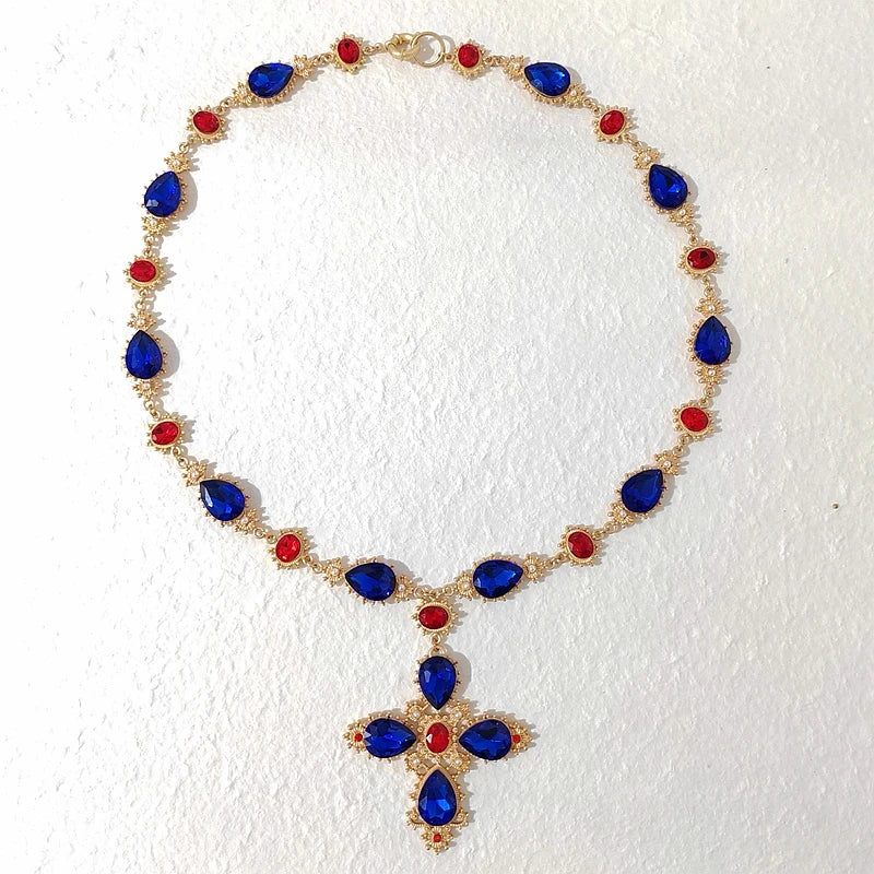Crystal Cross Statement Choker Necklace with Pearls