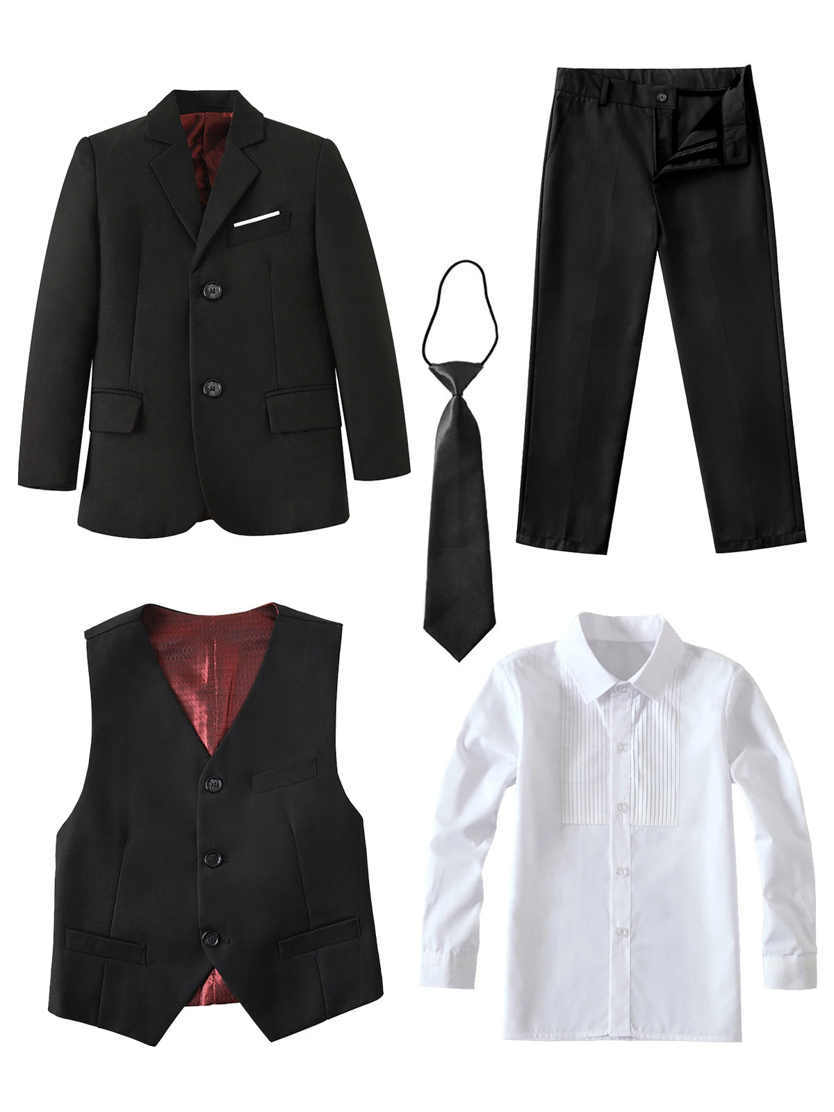 Boys’ 5-Piece Slim-Fit Formal Suit Set – Jacket, Vest, Trousers, Shirt & Tie
