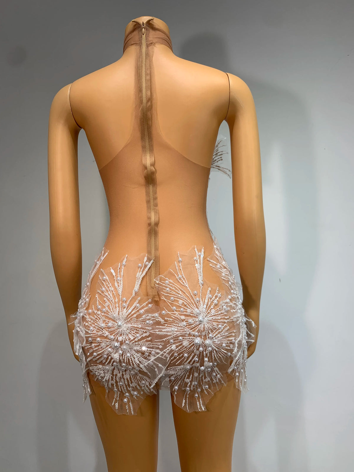 White Beaded High-Neck Sheer Mesh Mini Dress