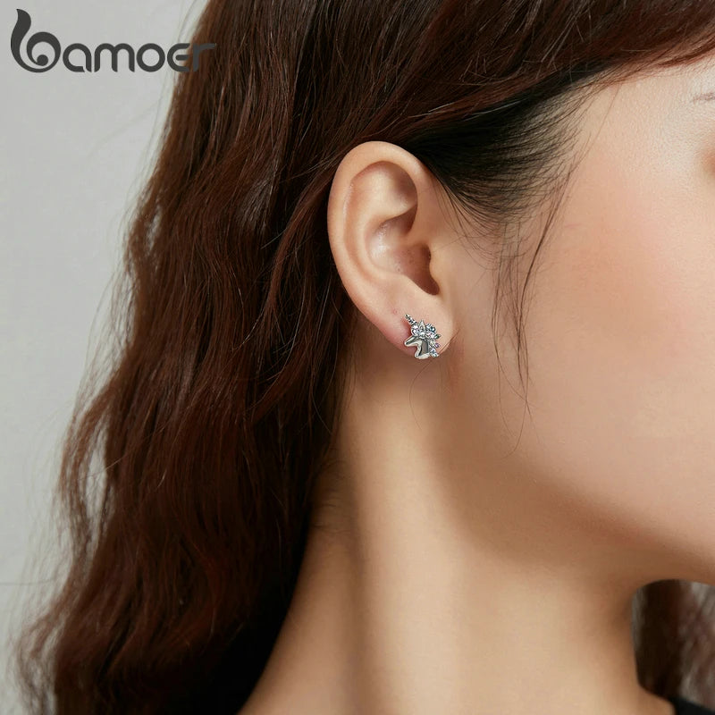 Rainbow Zircon Unicorn Stud Earrings in 925 Sterling Silver