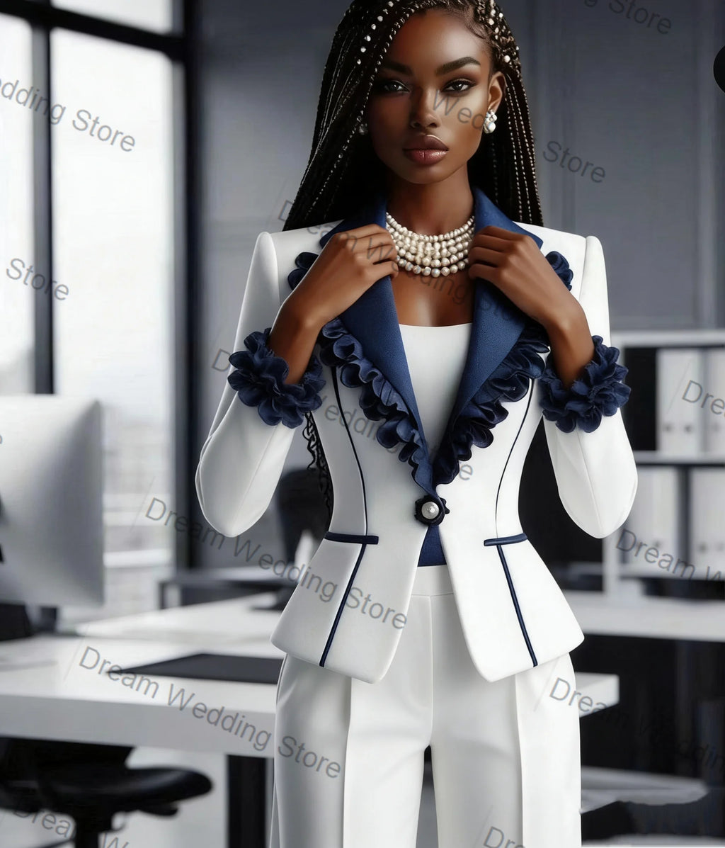 Contrast Ruffle-Trim Blazer & Pants Suit Set