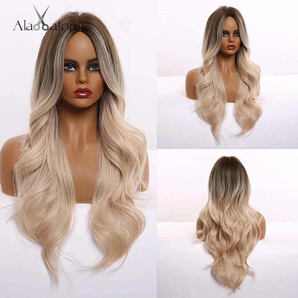 Long Wavy Middle-Part Synthetic Wig, Ombre Colors