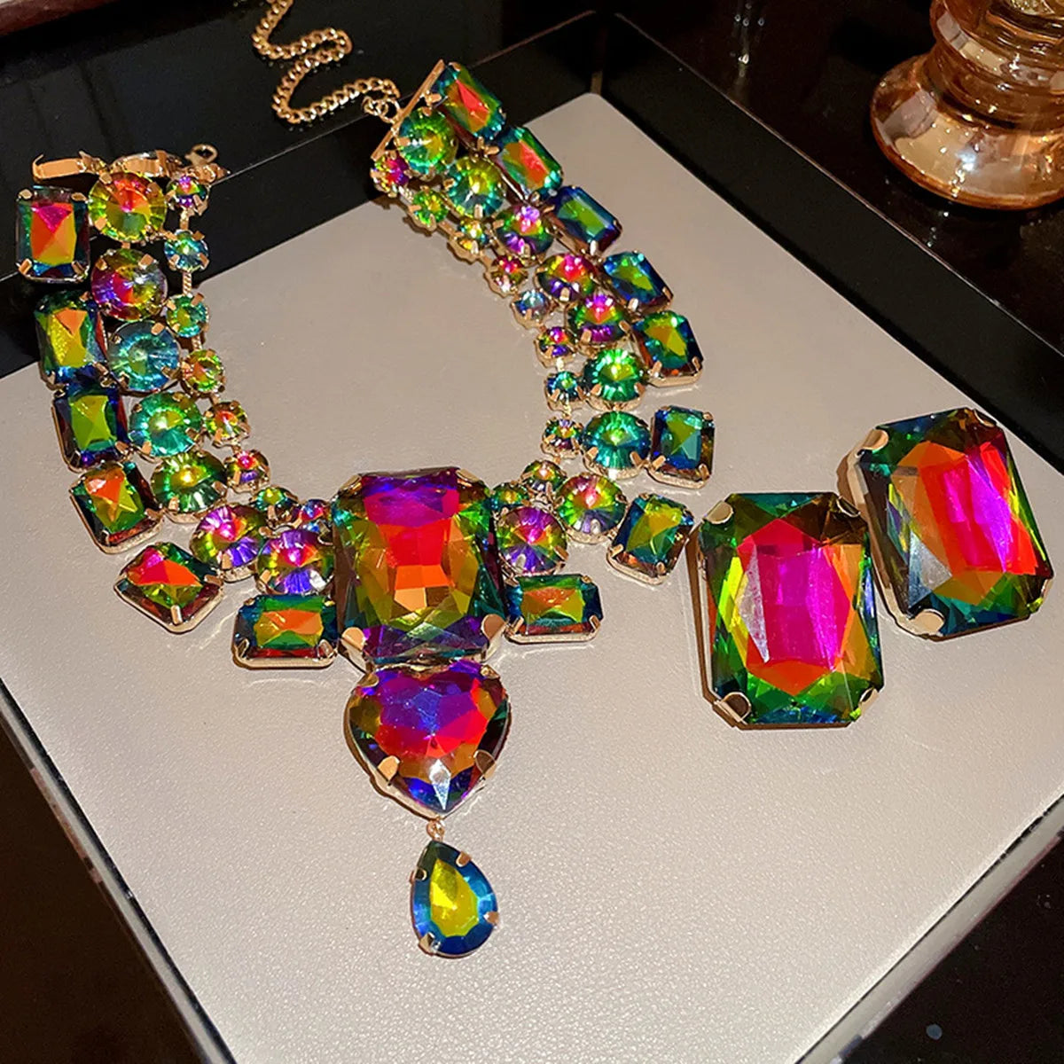 Multicolor Crystal Statement Necklace & Earring Set