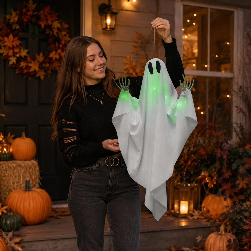 Green Light-Up Hanging Halloween Ghost – Skeleton Hands
