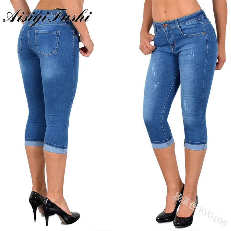 Mid-Rise Stretch Capri Jeans – S to 5XL