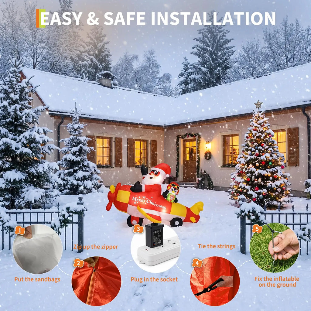 Christmas Inflatable Santa Driving Penguin Airplane 8ft Outdoor Decoration Festive Airblown Holiday Yard Decor for Lawn and Christmas Party Winter Festival Night Atmosphere Setup