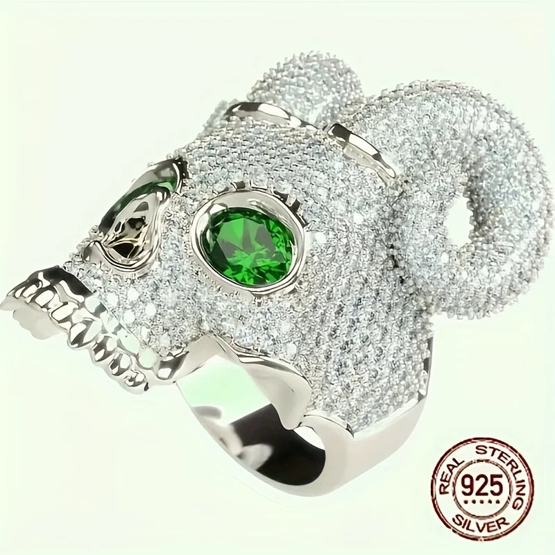 Gothic Horned Skull Ring with Green Eyes