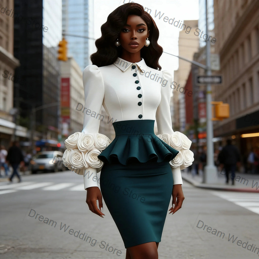 Floral-Cuff Peplum Jacket & Skirt Set