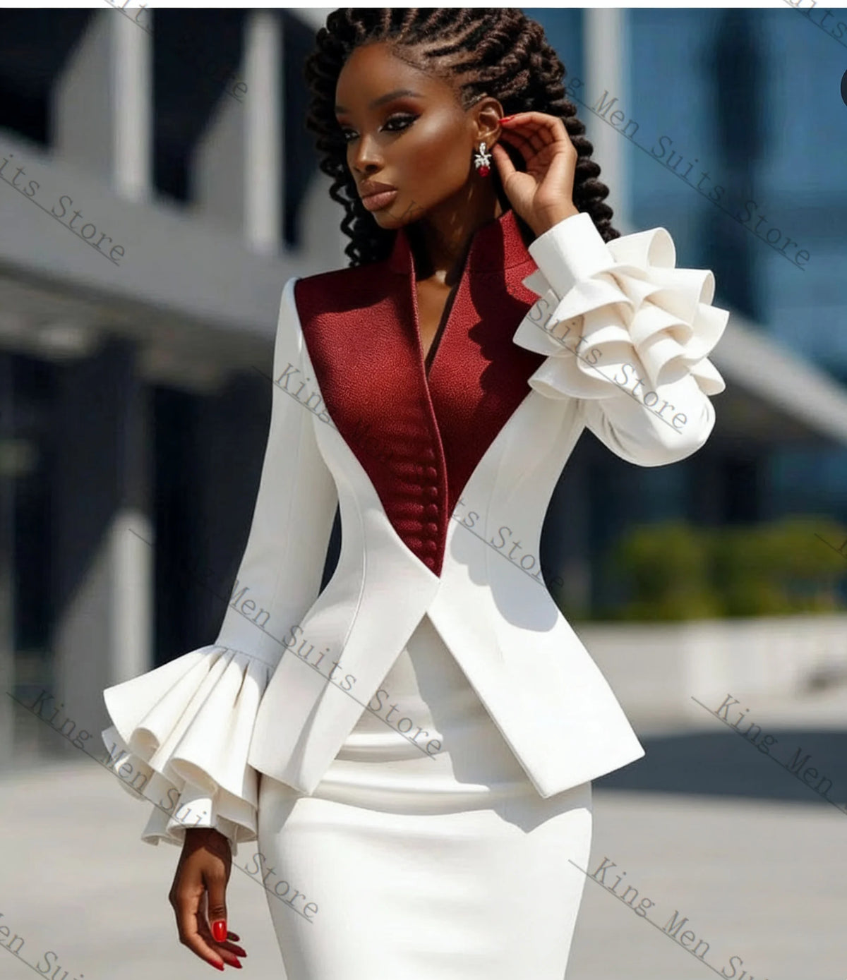 Contrast-Front Blazer & Pencil Skirt Set with Ruffle Cuffs