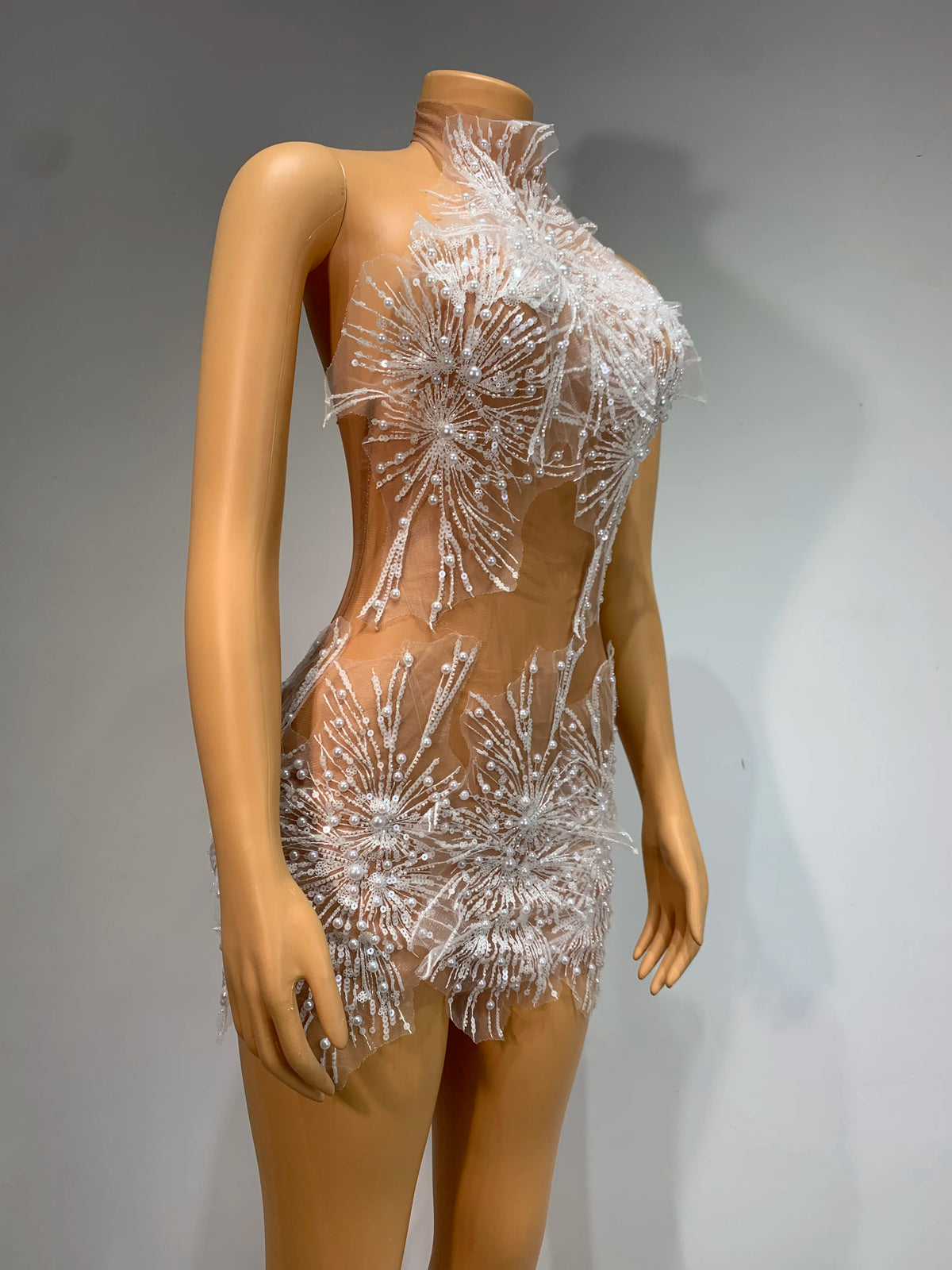 White Beaded High-Neck Sheer Mesh Mini Dress