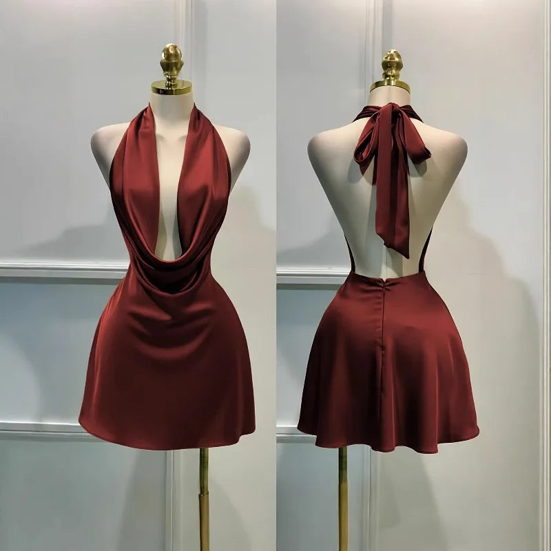 Satin Cowl-Neck Halter Mini Dress with Open Back