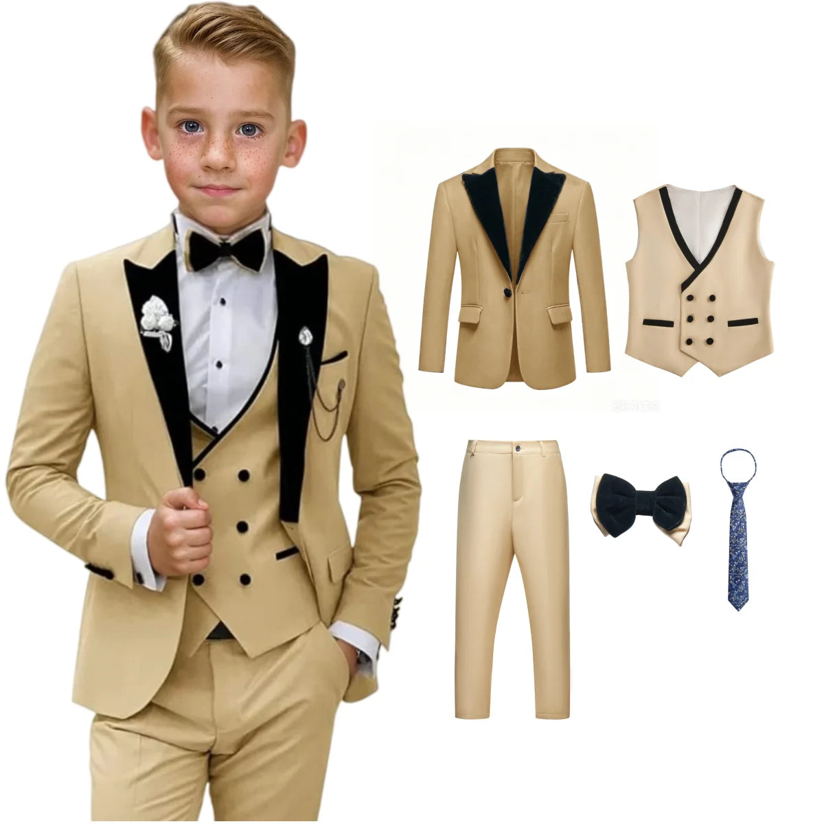 Boys’ 5-Piece Formal Suit Set with Bow Tie & Necktie – 3T–14T