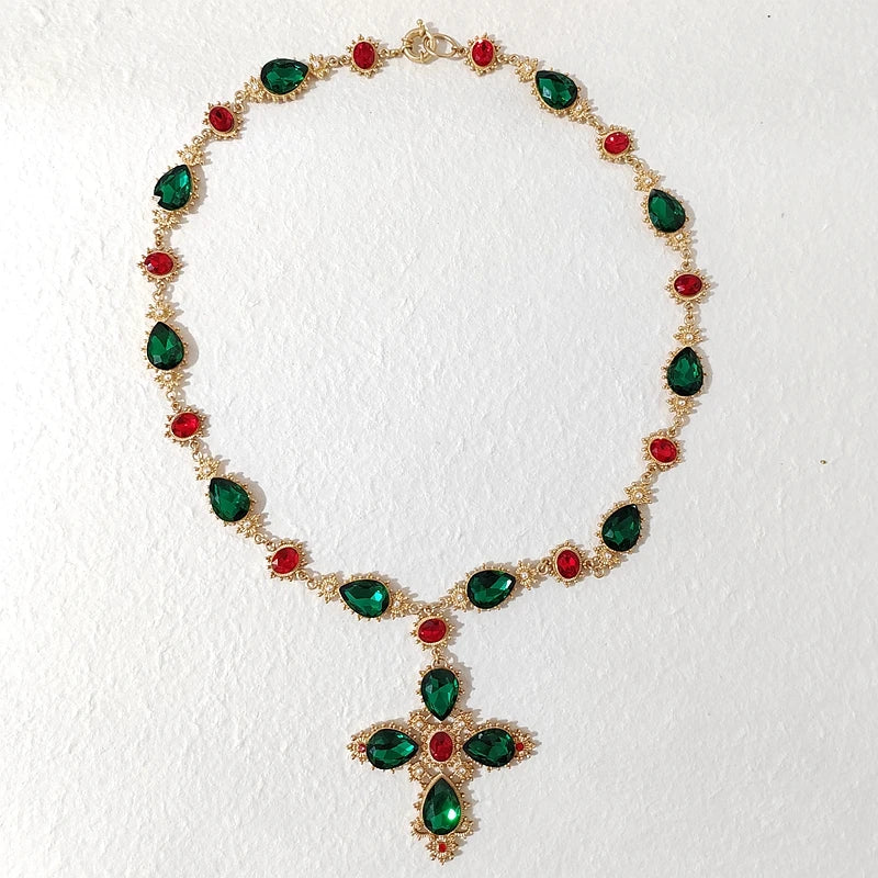 Crystal Cross Statement Choker Necklace with Pearls