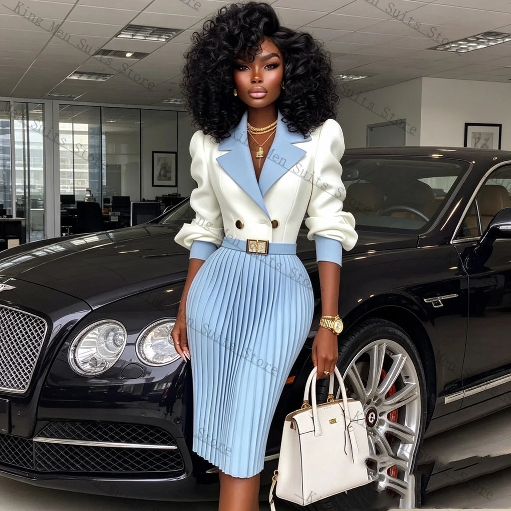 Contrast-Lapel Blazer & Pleated Skirt Suit
