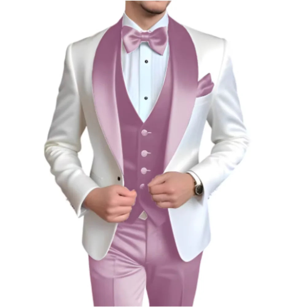 Customized Men's 3-Piece Tuxedo with Shawl Lapel Smoking Suit Wedding Groomsmen Formal Party Blazer Vest Pants Ternos Masculinos