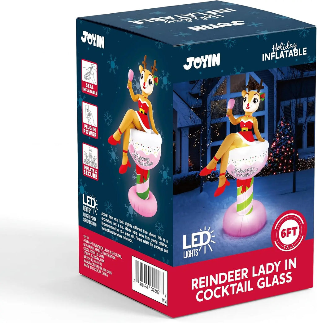 6FT Christmas Inflatable Reindeer Lady in Cocktail Glass Outdoor Decoration Reindeer Blow Up Christmas Decorations Party Ornament with Built‑in LED Light for Xmas Yard Garden Bar Holiday Decor