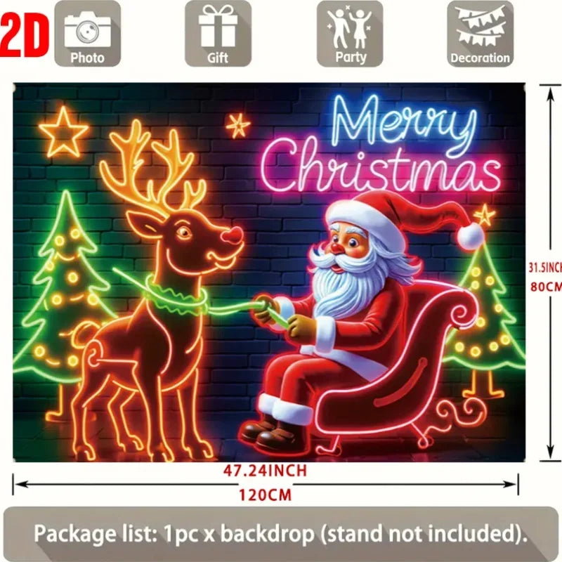 Neon-Style Santa & Reindeer Christmas Photo Backdrop