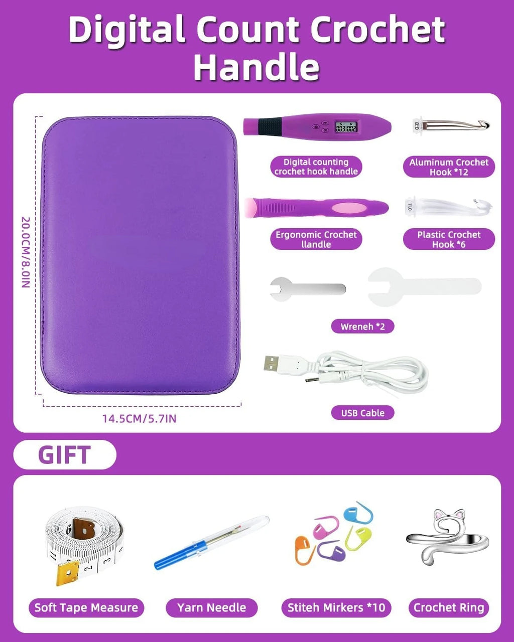 Lighted Crochet Hook Set with Digital Stitch & Row Counter