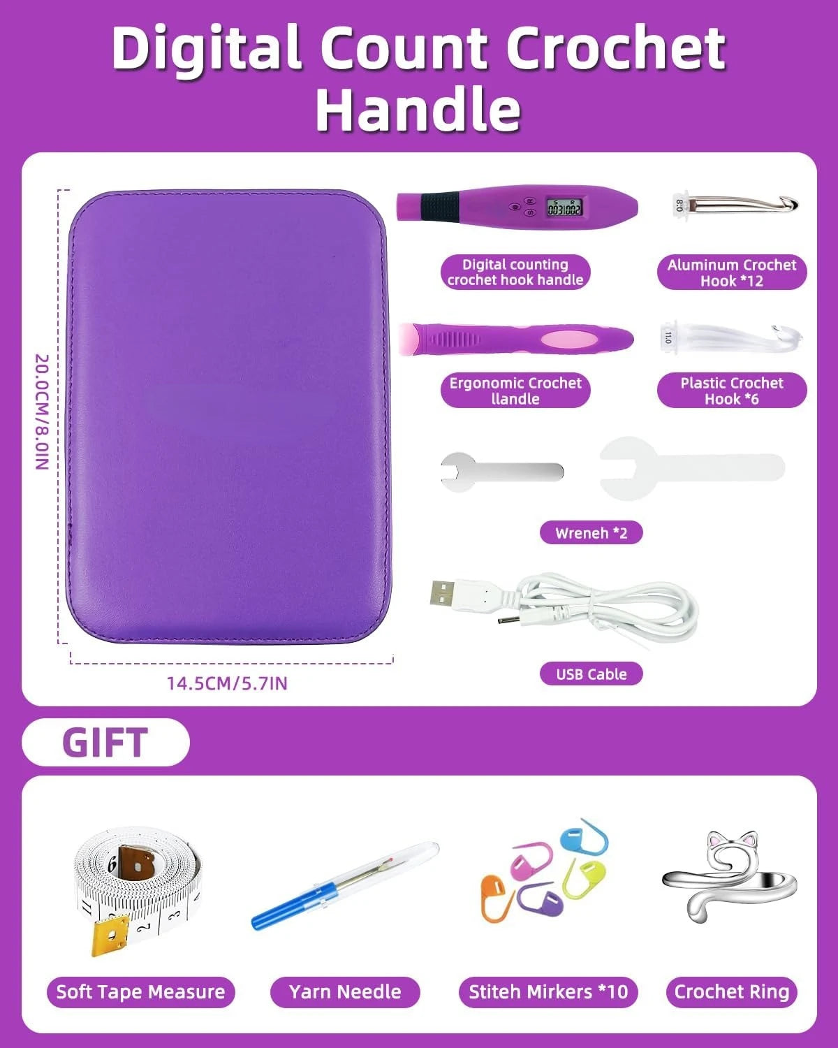 Lighted Crochet Hook Set with Digital Stitch & Row Counter