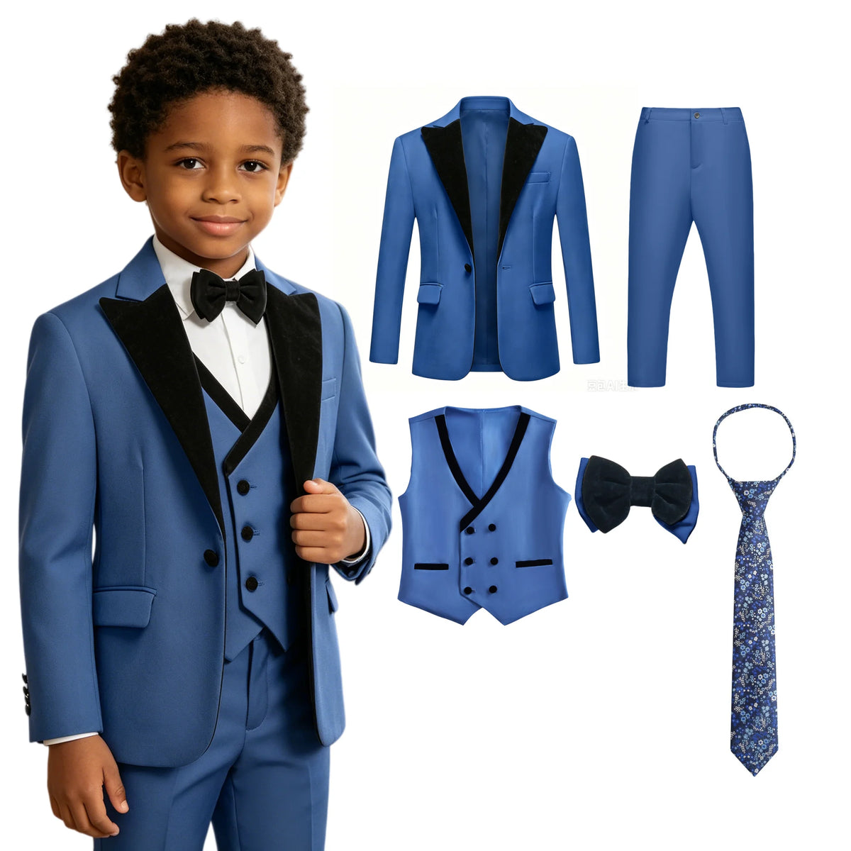 Boys’ 5-Piece Formal Suit Set with Bow Tie & Necktie – 3T–14T