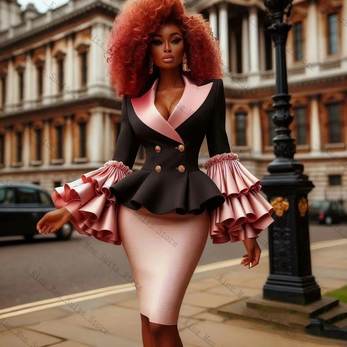 Contrast-Lapel Peplum Blazer & Pencil Skirt Set with Tiered Cuffs