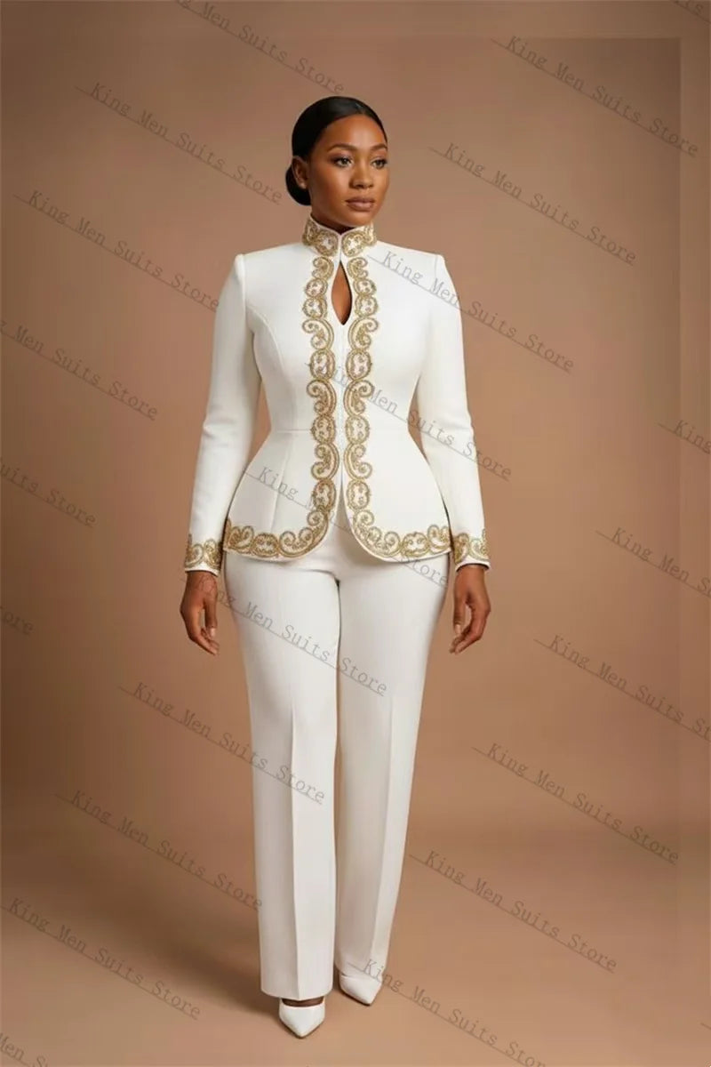 Gold-Embroidered Blazer & Pants Suit