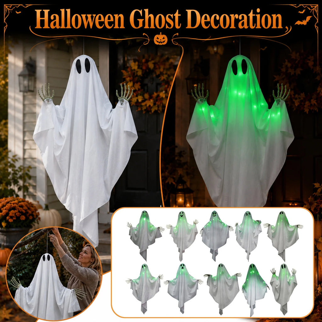 Green Light-Up Hanging Halloween Ghost – Skeleton Hands