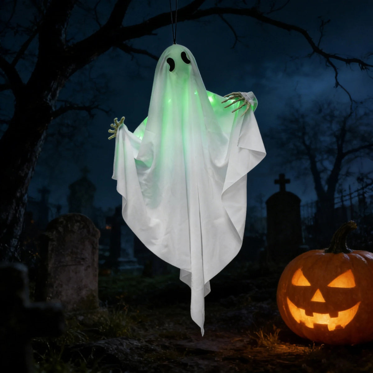 Green Light-Up Hanging Halloween Ghost – Skeleton Hands