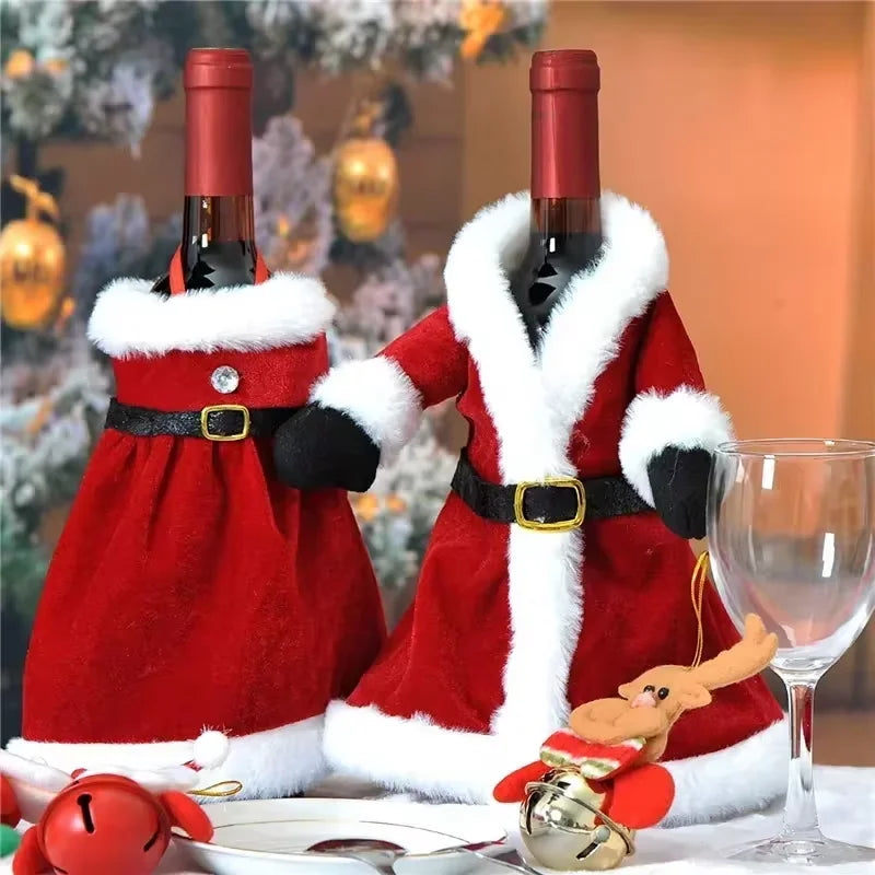 Creative Christmas Wine Bottle Set Golden Velvet Dress Wine Bottle Covers Sleeve Santa Snowman Xmas New Year Dinner Table Decor