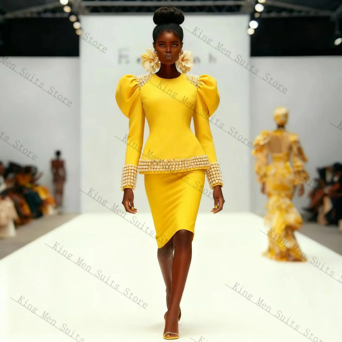 Embellished Puff-Shoulder Jacket & Skirt Set