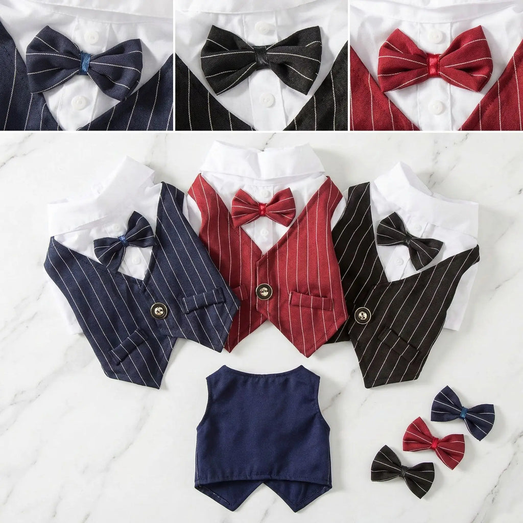 Pinstripe Dog Tuxedo-Style Outfit with Bow Tie