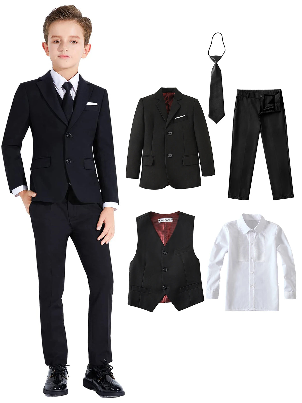 Boys’ 5-Piece Slim-Fit Formal Suit Set – Jacket, Vest, Trousers, Shirt & Tie