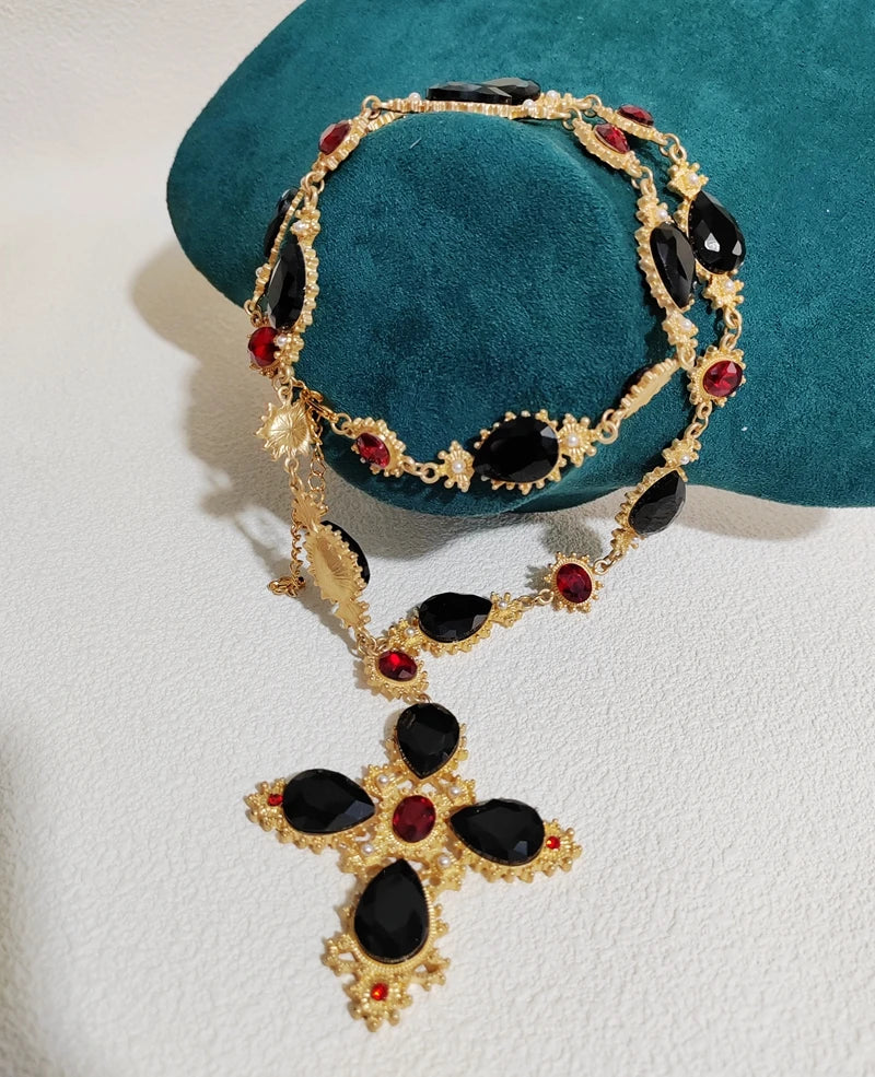 Crystal Cross Statement Choker Necklace with Pearls