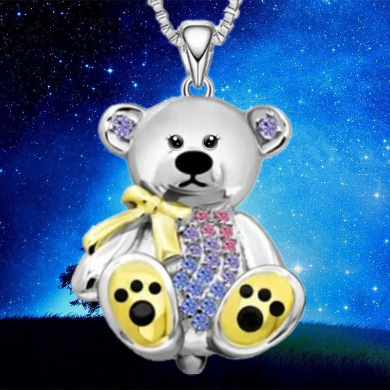 Teddy Bear Pendant Necklace with Colorful Accents