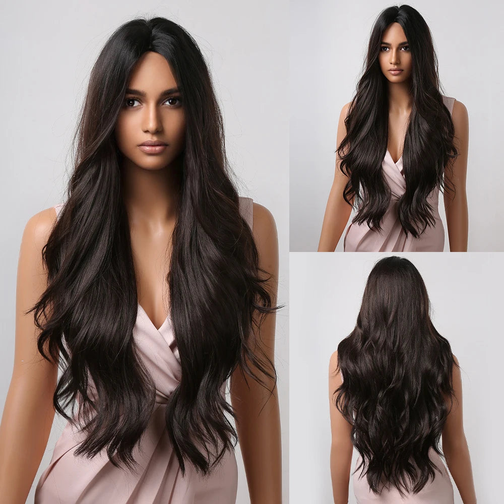 Long Wavy Middle-Part Synthetic Wig, Ombre Colors