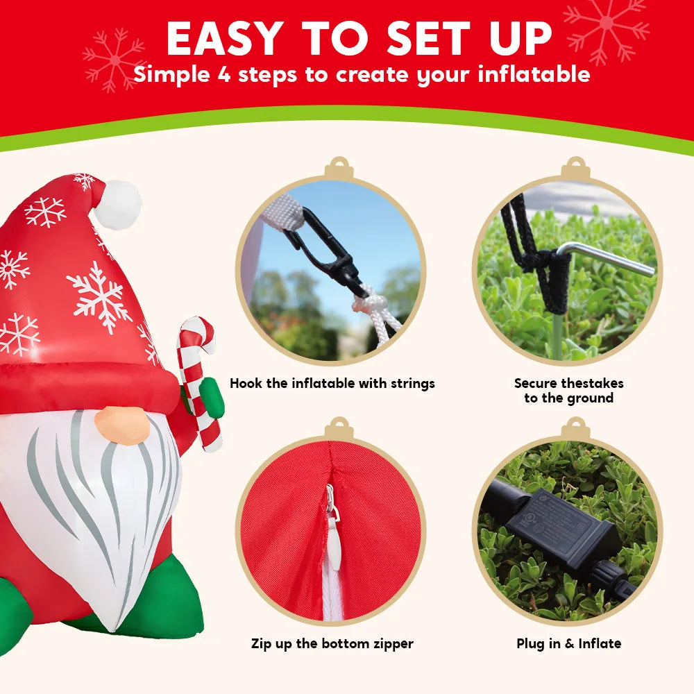 6-Foot LED Christmas Inflatable Gnome with Gift & Candy Cane