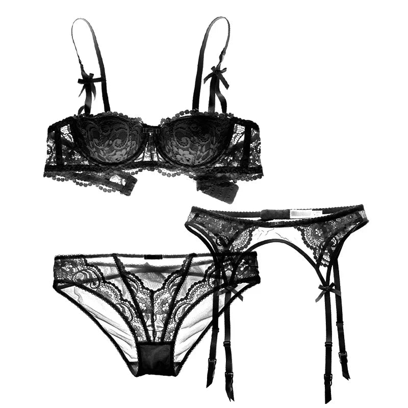 Floral Lace Push Up Bra Set with Panties and Garter
